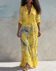Elegant Floral Print Relaxed Maxi Shirt Dress