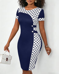 Round Neck Classic Polka Dot Crew Neck Short Sleeve Bodycon Midi Dress