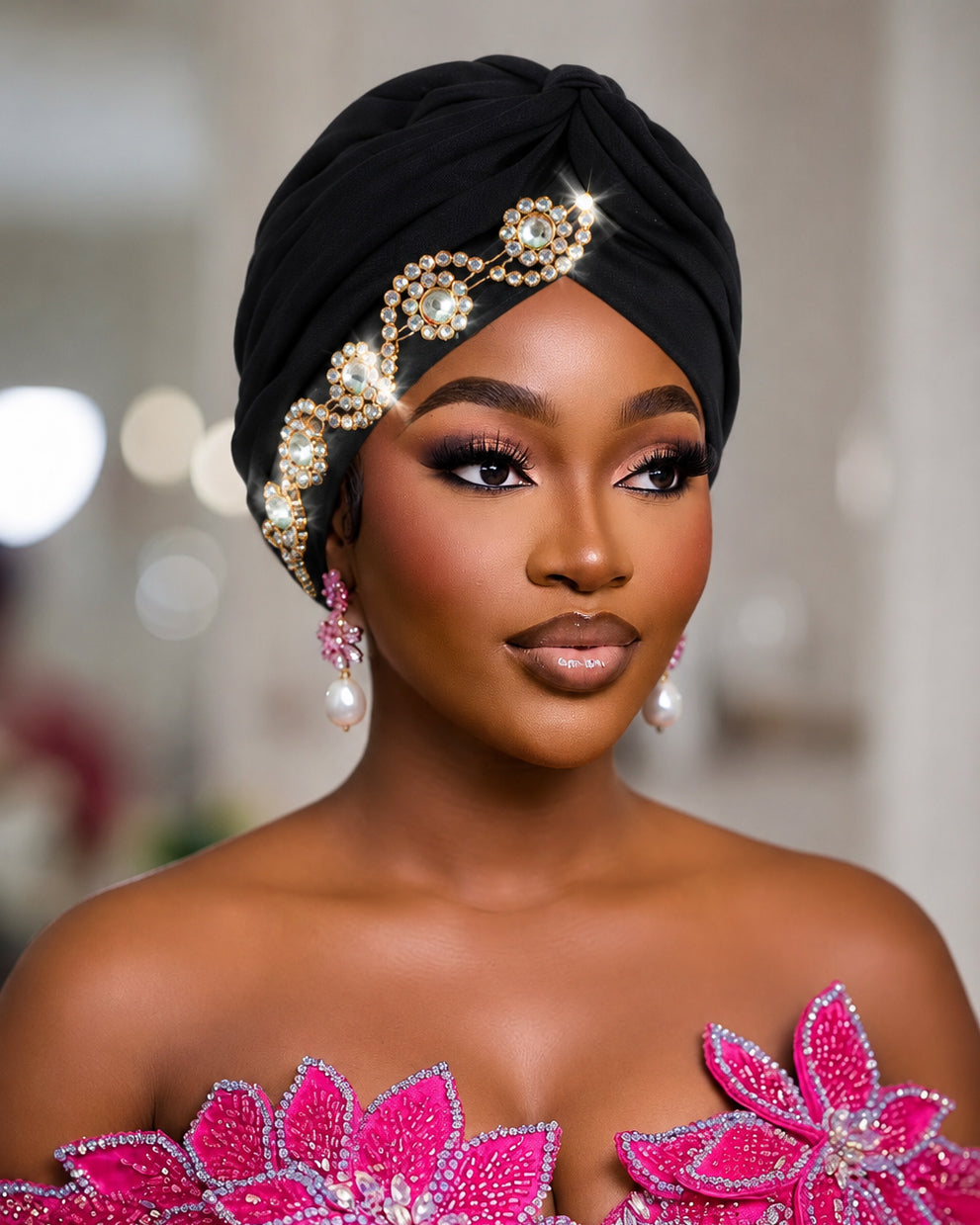 Floral Rhinestone Turban Hat