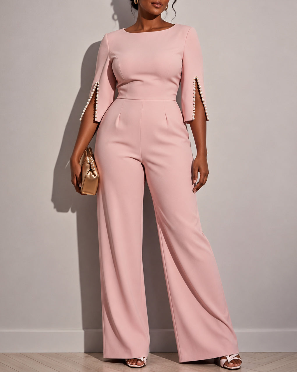 Women's Round Neck Pearl Sleeve Wide-leg High-waisted Jumpsuit
