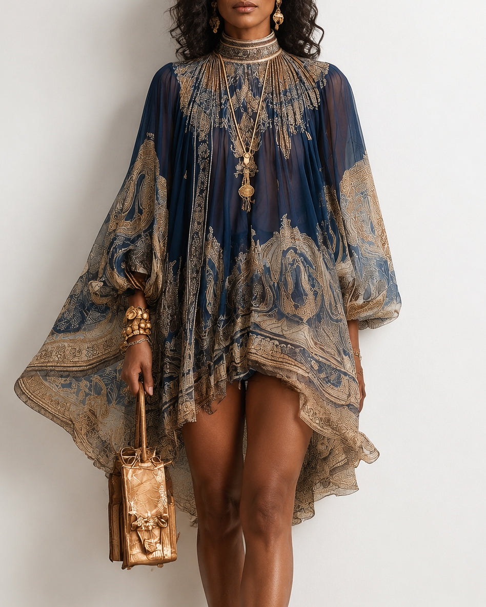Baroque Print High-neck Irregular Chiffon Mini Dress