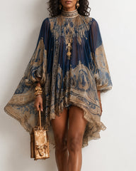 Baroque Print High-neck Irregular Chiffon Mini Dress