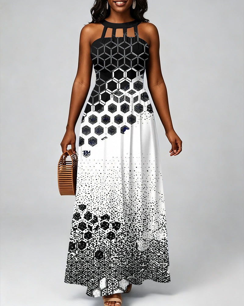 Black and White Geometric Patterns Hollow-out Halter Neckline Bodycon Maxi Dress