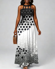Black and White Geometric Patterns Hollow-out Halter Neckline Bodycon Maxi Dress