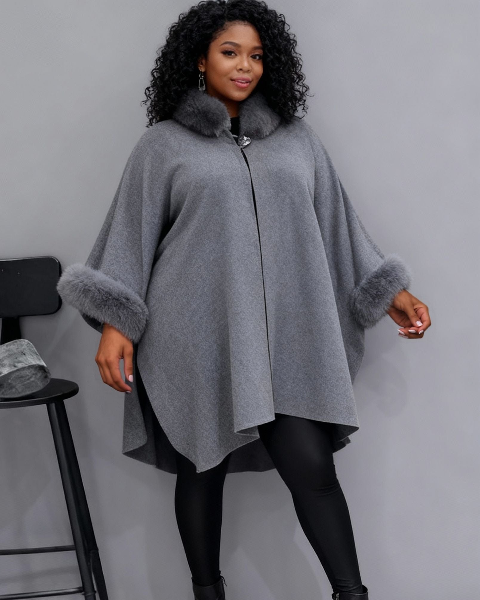 Autumn And Winter Large Rabbit Fur Collar Mid-length Woolen Coat Elegant Cape Shawl Hepburn Style Woolen Large Size Coat