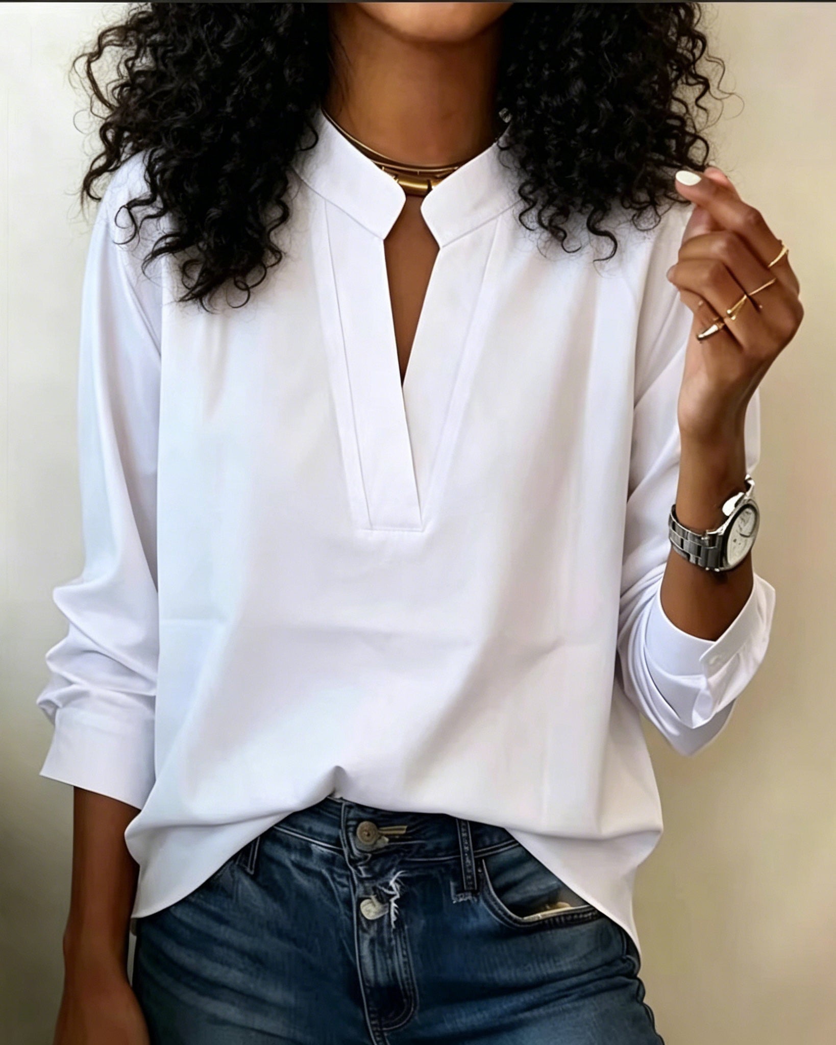 Solid Color Minimalist V-Neck Cotton Shirt