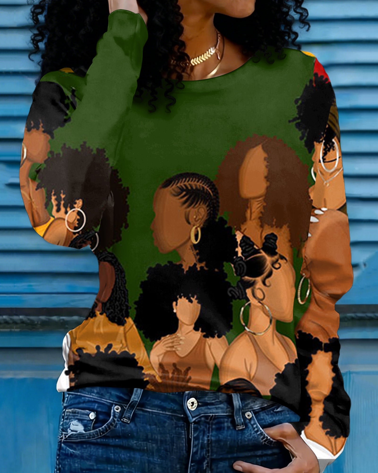 Black Women Illustration Crew Neck Long-sleeved T-shirt