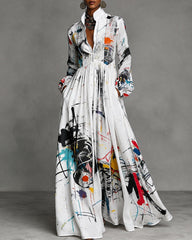 Abstract Graffiti Art Long Sleeves Buttoned Pleated Pockets Maxi Dresses Shirt Dress