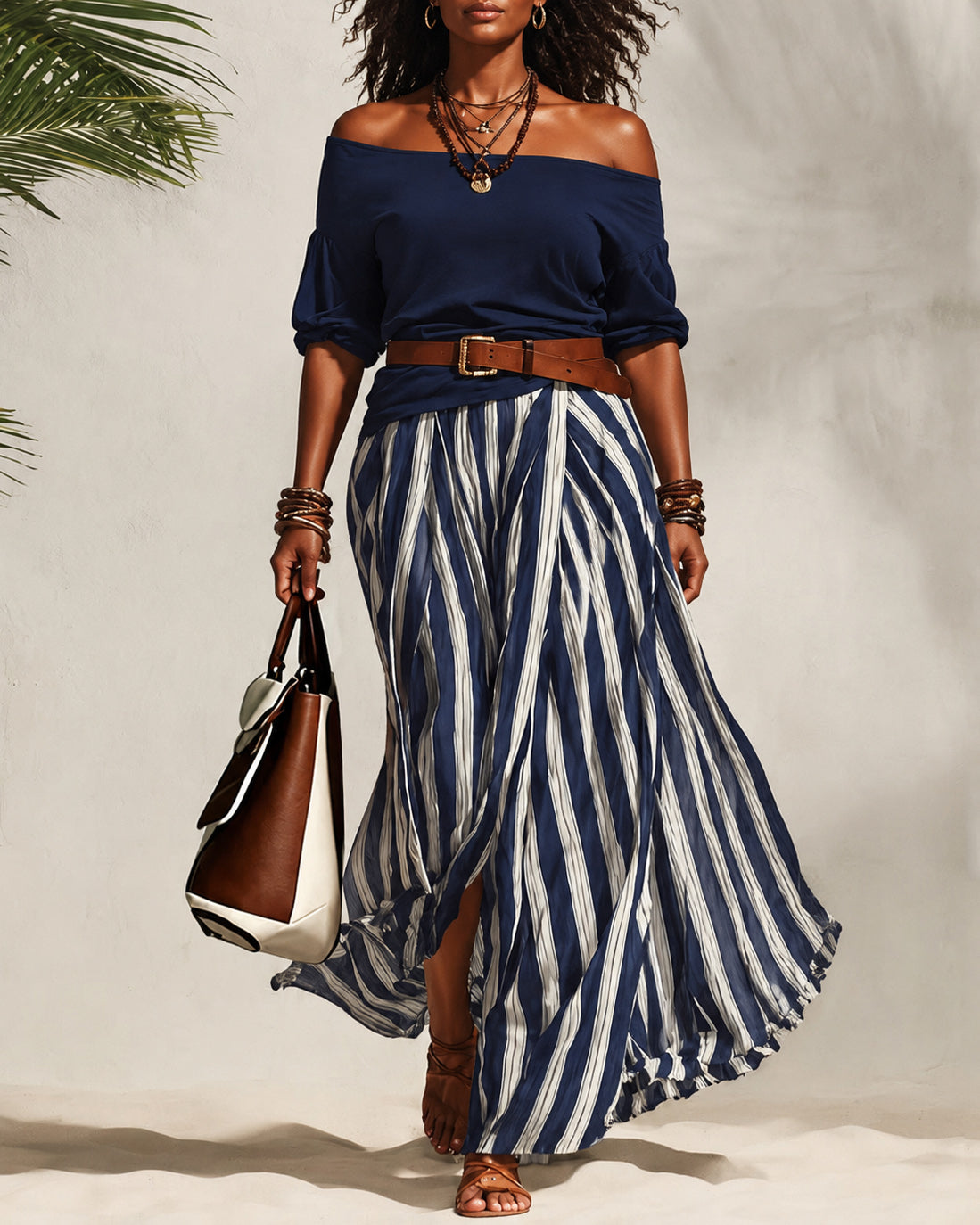 Off Shoulder Puff Sleeve Top & Striped Midi Skirt Two-Piece Set Includes Belt