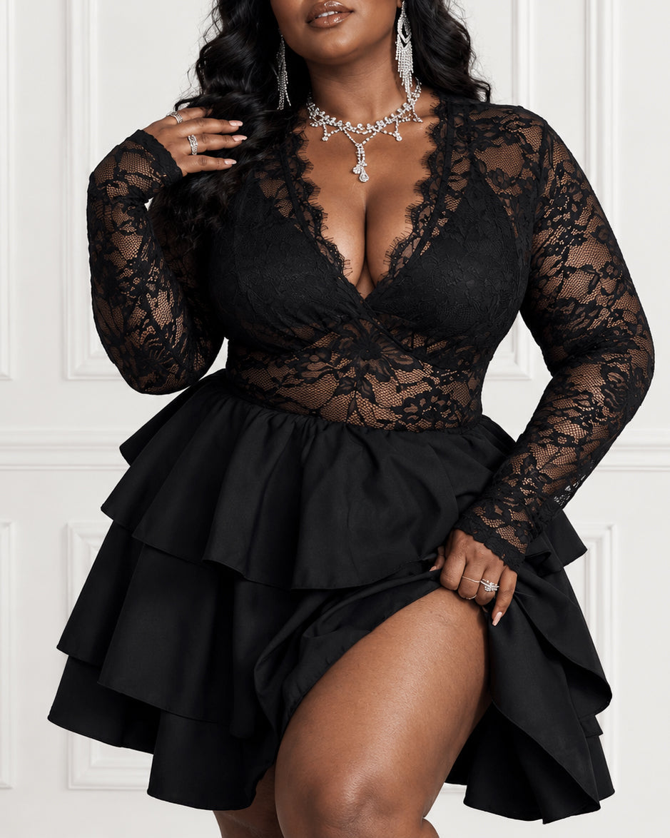 Plus Size Black Lace Long Sleeve Mini Dress