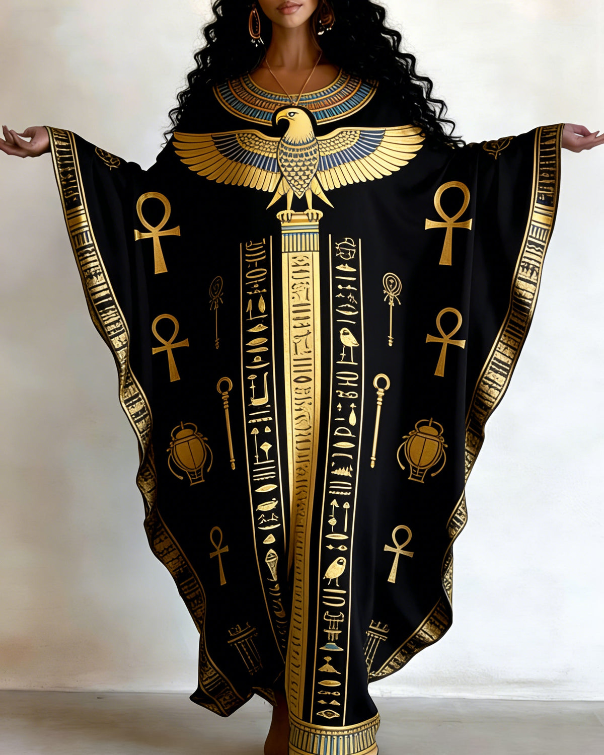 Vintage Ankh Ancient Egyptian V-neck Long Kaftan Dress