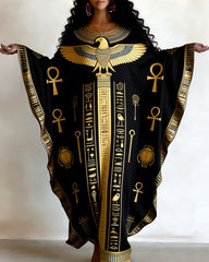Vintage Ankh Ancient Egyptian V-neck Long Kaftan Dress