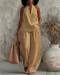 V-neck Cotton Linen Vest and Wide-leg Pants Two-piece Set