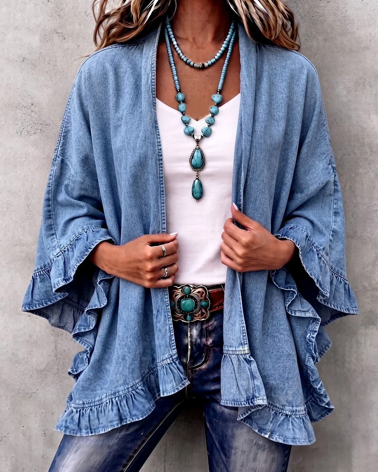 Chic Boho Denim Ruffle Trim Cardigan