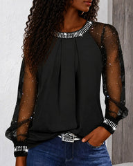 Rhinestone Neckline and Mesh Sleeve Top