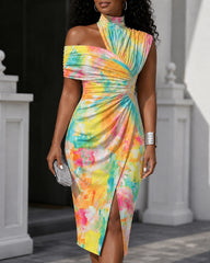 Random Print Printing One-shoulder Draped Asymmetrical Midi Dress