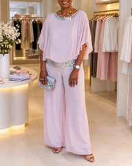 Conjuntos Elegantes Sequins Chiffon Batwing Sleeve Top Wide Leg Pants Two Piece Set