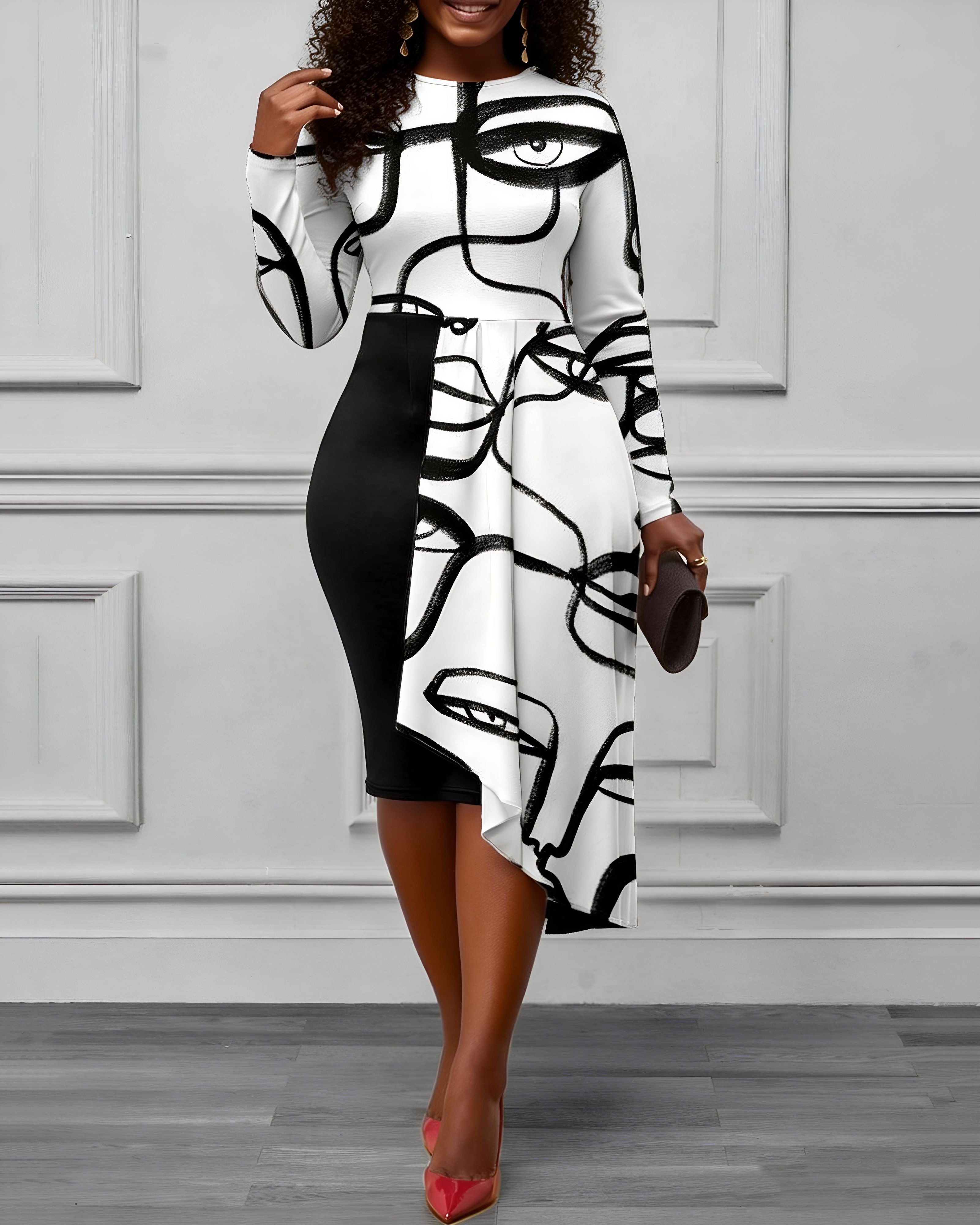 Crew Neck Long Sleeve Asymmetrical Hem Face Print Dress
