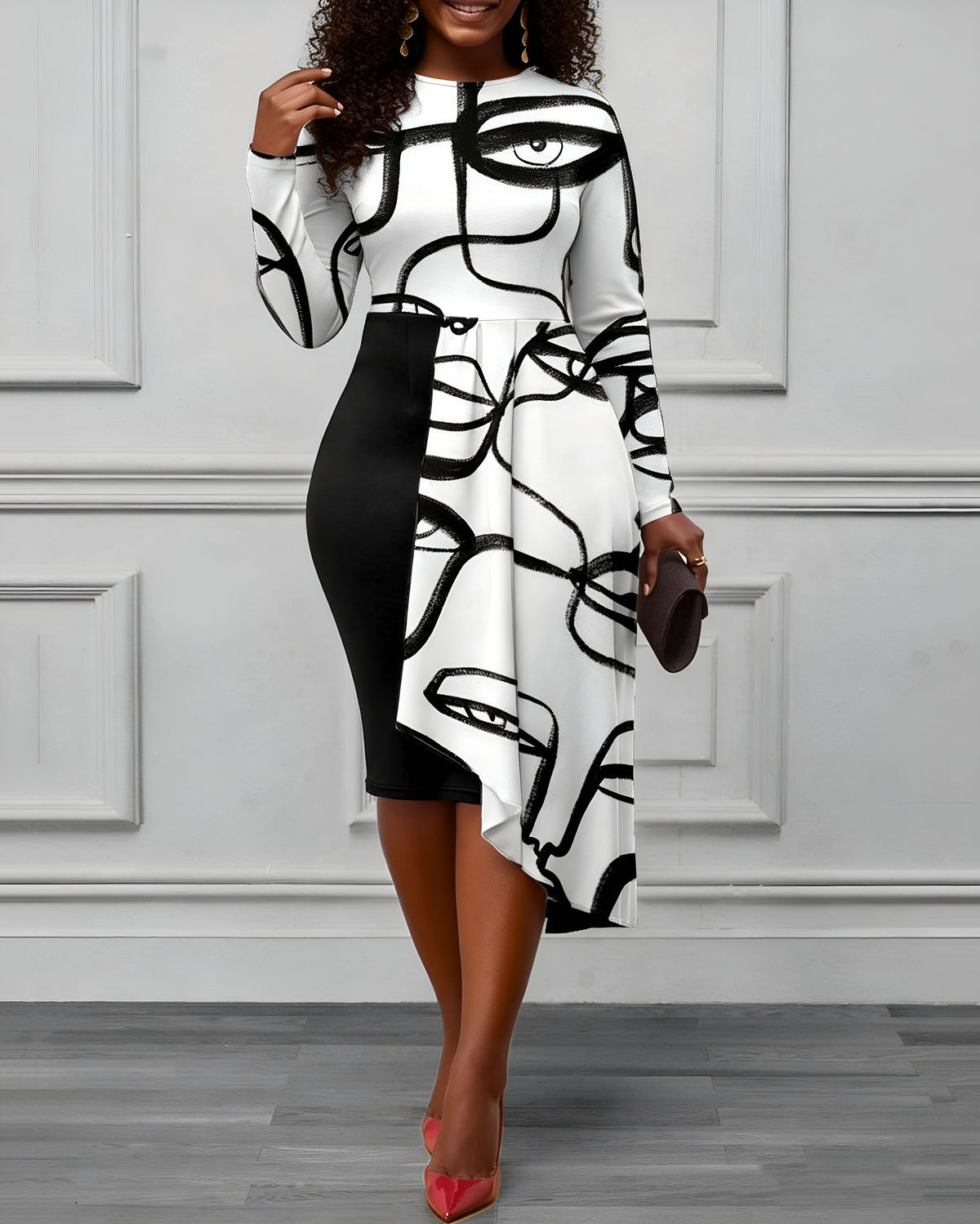 Crew Neck Long Sleeve Asymmetrical Hem Face Print Dress