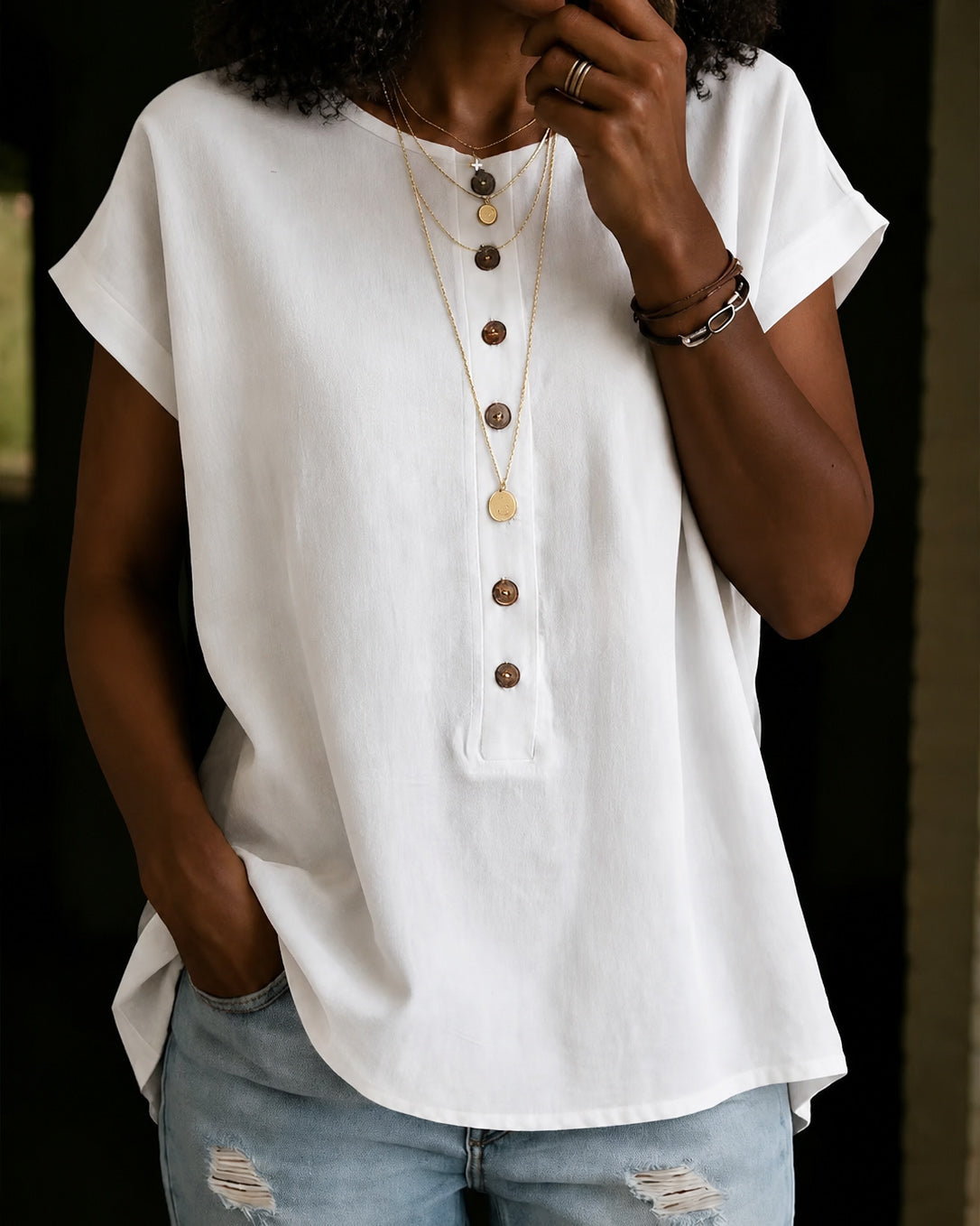 Round Neck Short-sleeved Button-down Solid Color Top