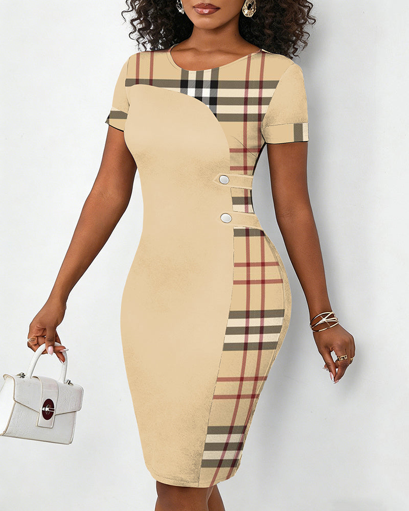 Classic Plaid Print Patchwork Crew Neck Short Sleeve Bodycon Midi Dress