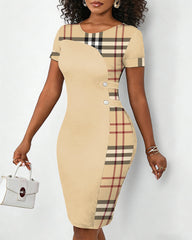 Classic Plaid Print Patchwork Crew Neck Short Sleeve Bodycon Midi Dress