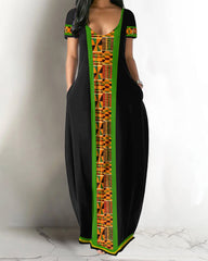 V-neck African Geometric Print Pocket Short Sleeved Maxi Dress