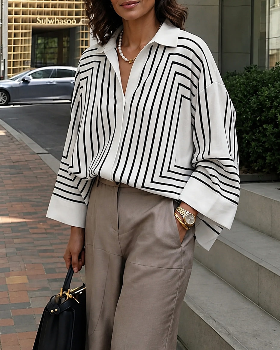 Printed Line Buttoned Loose Long Sleeves Lapel Blouses&Shirts Tops