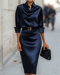 Elegant Satin Knee Length 3/4 SleeveShirt Party Dress