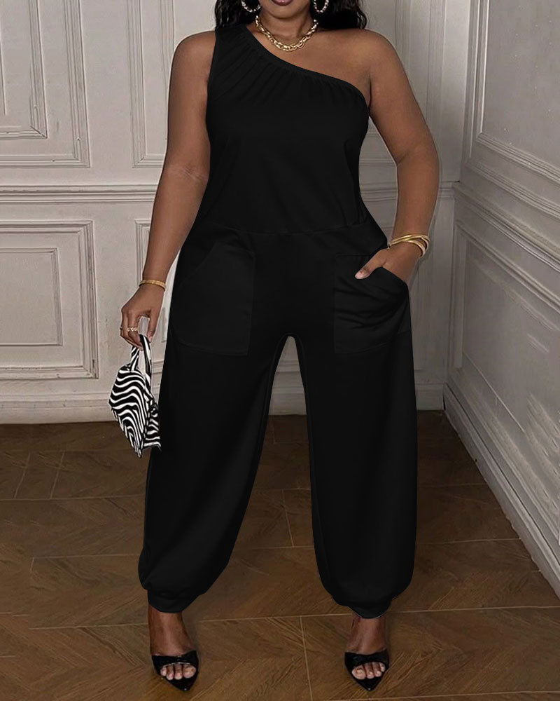 Sleeveless Pockets Solid Color One-Shoulder Jumpsuits