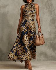 Semi-High Neck Golden Floral Sleeveless High Waist Full Swing Midi Dress