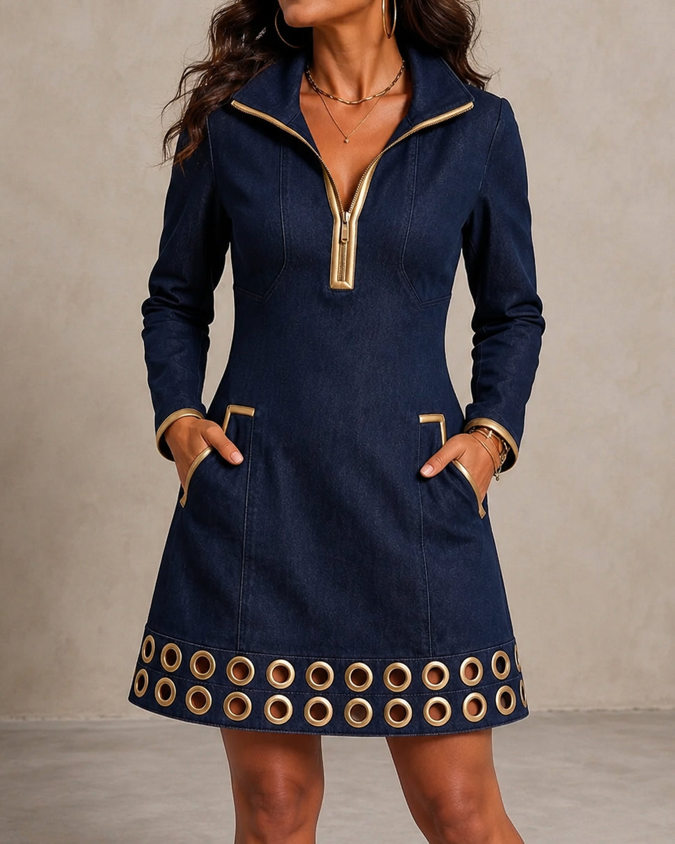 Dark Denim Stand‑Coller Half‑Zip A‑Line Mini Dress