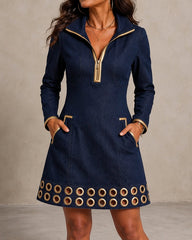 Dark Denim Stand‑Coller Half‑Zip A‑Line Mini Dress