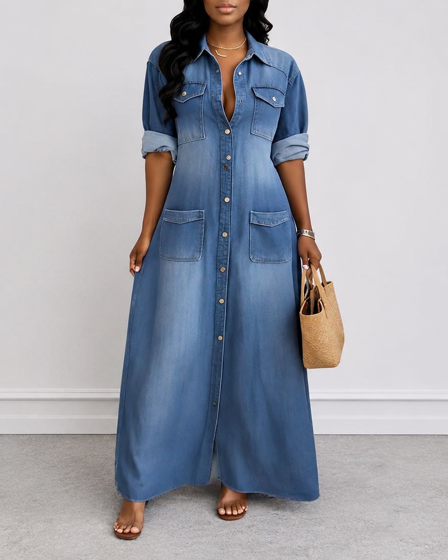 Collared Long Sleeve Retro Denim Pocket Maxi Dress