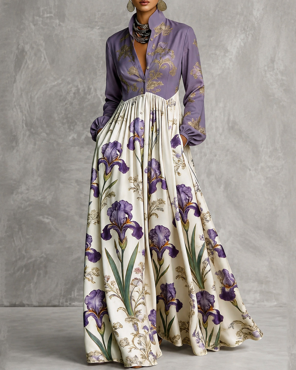 Flower Print Contrast Color Buttoned Pockets Loose Long Sleeves Stand Collar Maxi Dresses
