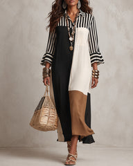 Elegant Striped Patchwork 3/4 Sleeve Shirt Dress