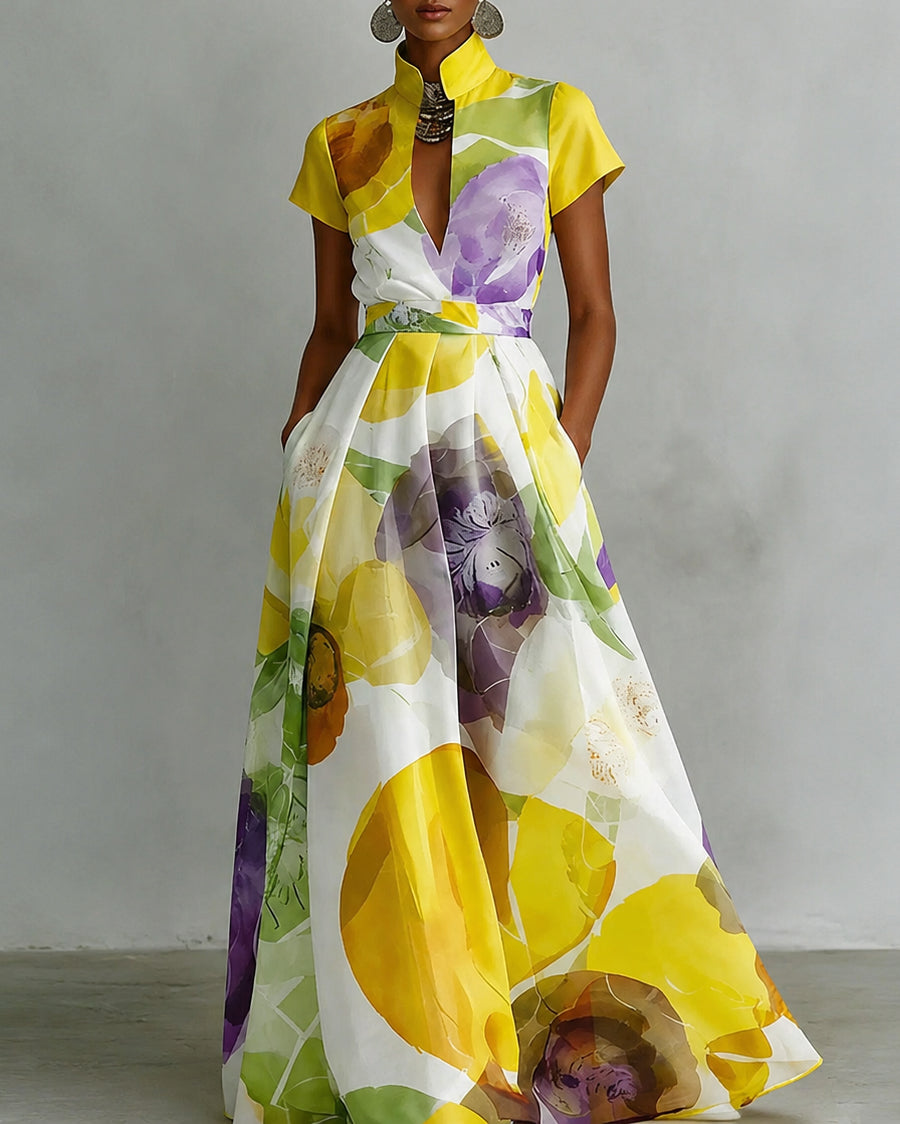 Watercolor Big Floral Print Stand Collar Maxi Dress