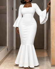 Square Neck Flare Long Sleeve Mermaid Maxi Dress