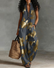 Elegant Golden Flowers Linen Blend Sleeveless Jumpsuit With Zipper And Stand Collar