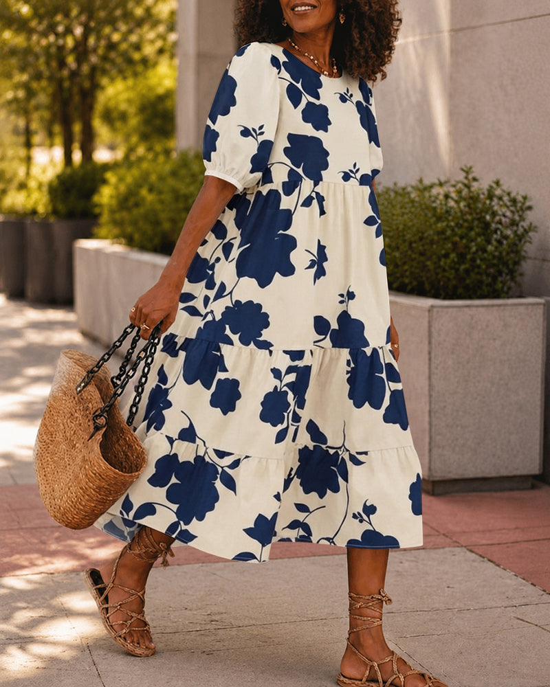 Small Blue Floral Print Round Neck Puff Sleeve Loose Spliced Midi Dress