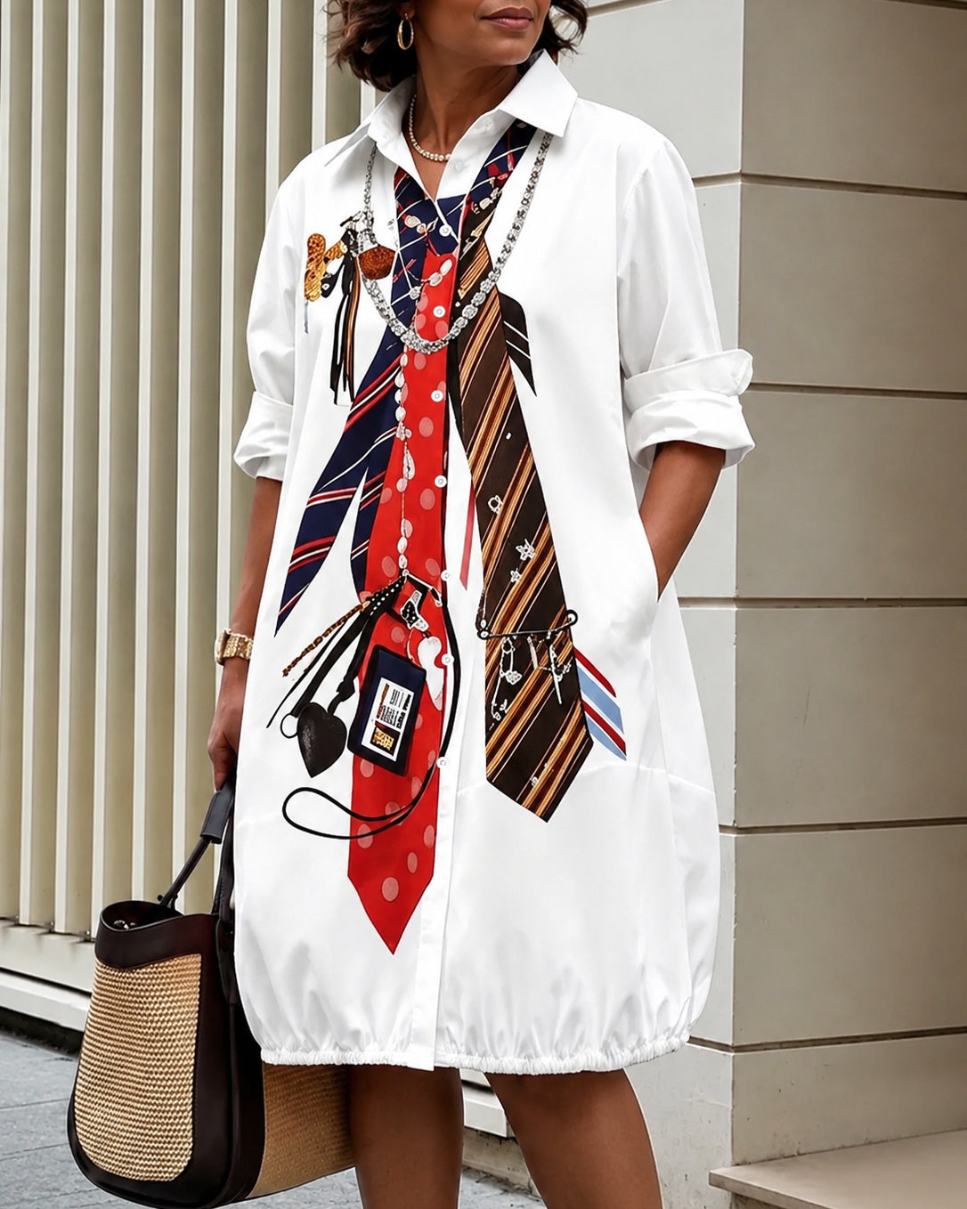 Long Sleeves Loose Buttoned Pockets Printed Lapel Midi Dresses