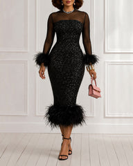 Sequin Mesh Long Sleeve Feather Trim Bodycon Dress Midi Dress