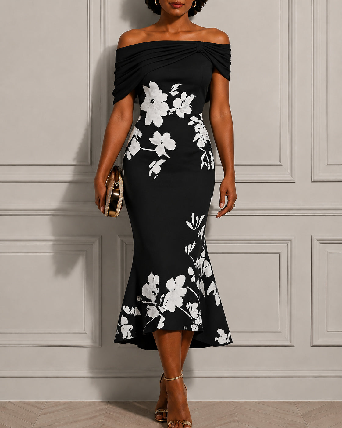 Elegant Off-Shoulder Floral Midi Dress