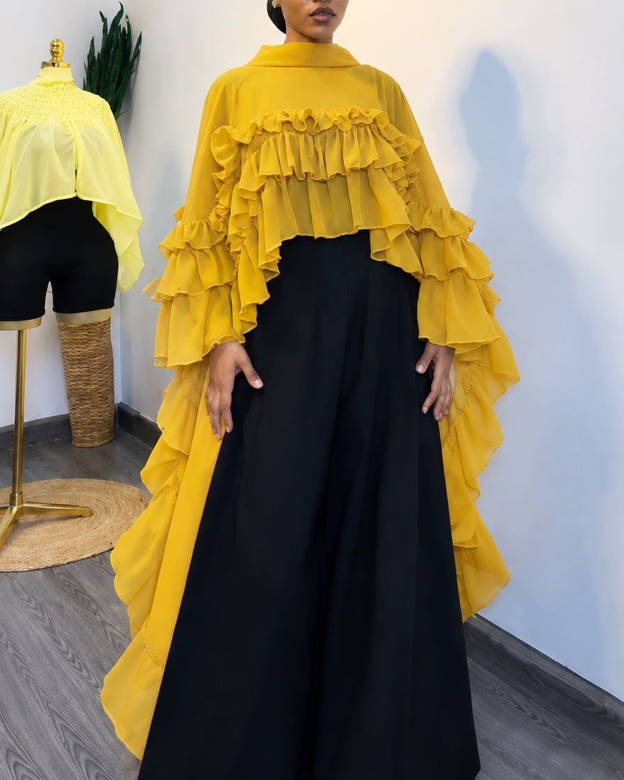 Mock Neck Tiered Ruffle Chiffon Cape Long Blouse