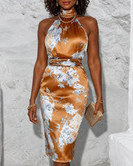 Brown Floral Satin Halter Sleeveless Sheath Midi Dress