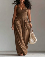 V-neck Sleeveless Wide-leg Jumpsuit with Pockets