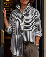 Irregular Stripes Stand Collar Long Sleeve Shirt with Metal Buttons