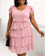 Round Neck Short Sleeves Elegant Layered Ruffle Dress