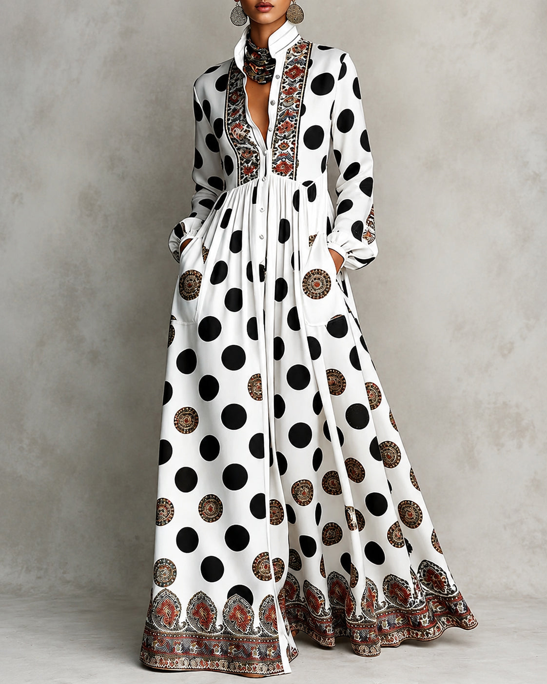 High Waisted Long Sleeves Big Hemline Buttoned Contrast Color Pleated Pockets Polka-Dot Stand Collar Maxi Dresses