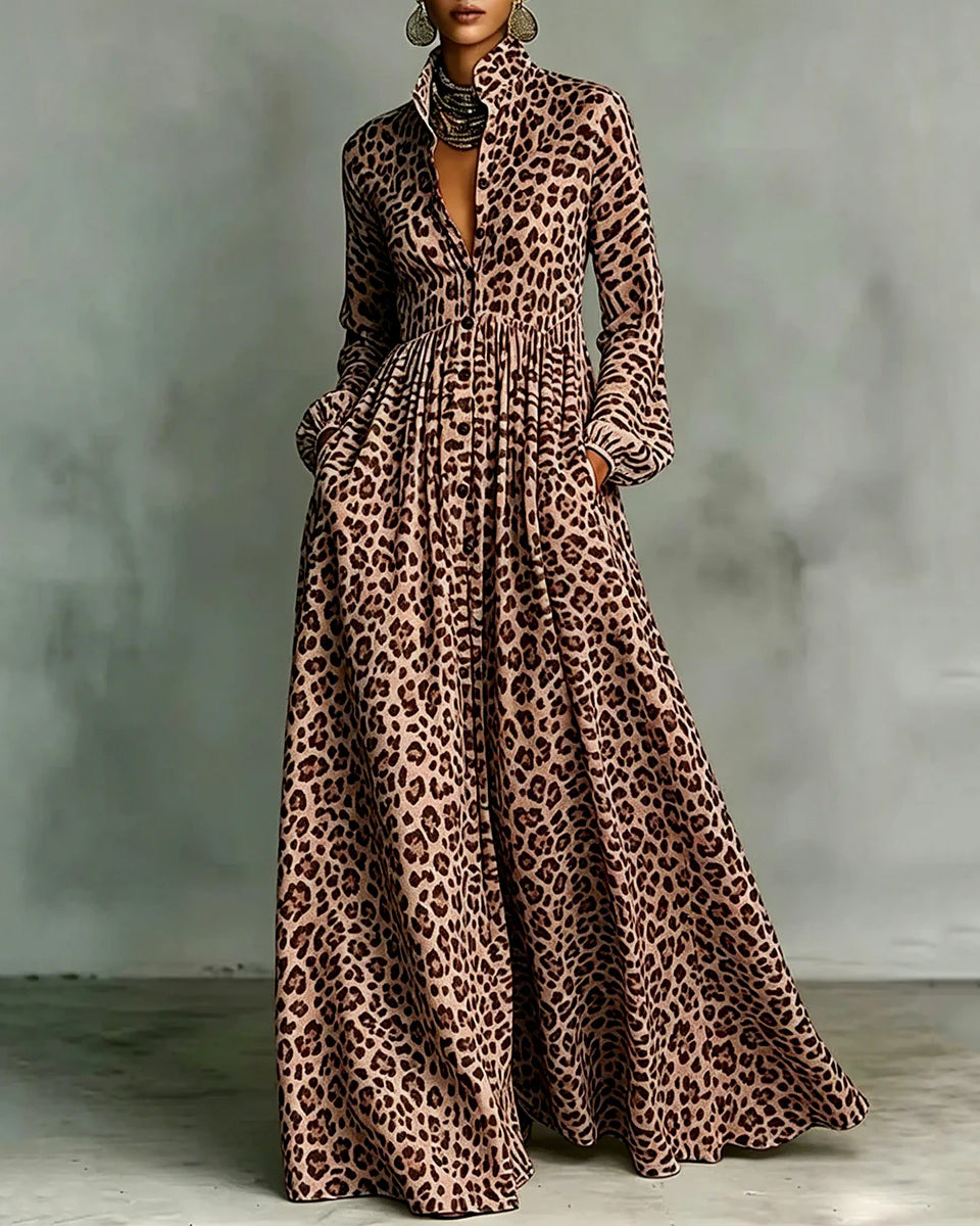 Long Sleeves Buttoned Contrast Color Leopard Pleated Pockets Lapel Maxi Dresses